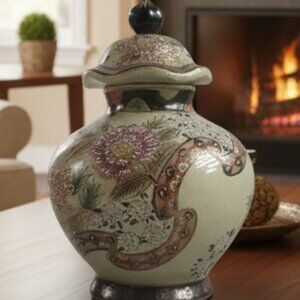 Exquisite Vtg Large Cloisonne Chinese Ginger Jar Lidded Hand Painted Crazed